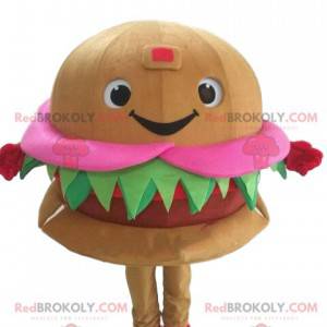 Glimlachende en smakelijke hamburgermascotte. Fastfood-kostuum